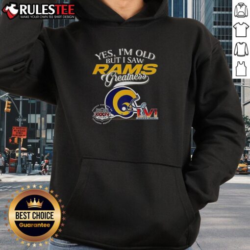 Alt Text: Vintage hoodie featuring Los Angeles Rams Super Bowl helmet and skyline, celebrating Rams greatness for fans.