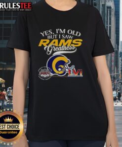 Vintage ladies tee featuring Los Angeles Rams Super Bowl helmet and skyline, celebrating Rams greatness for fans.