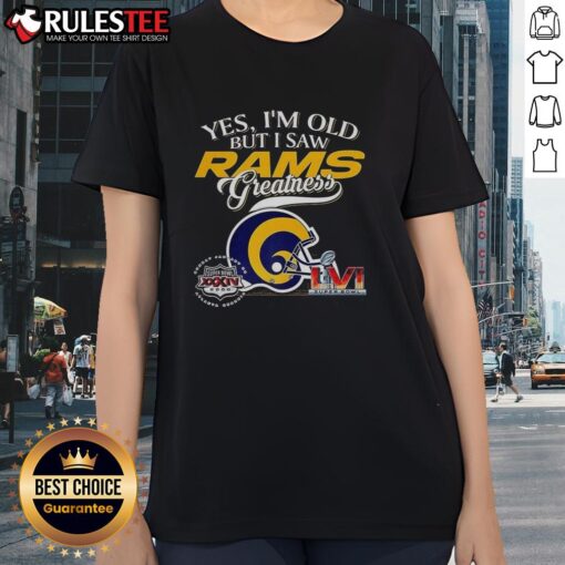Vintage ladies tee featuring Los Angeles Rams Super Bowl helmet and skyline, celebrating Rams greatness for fans.