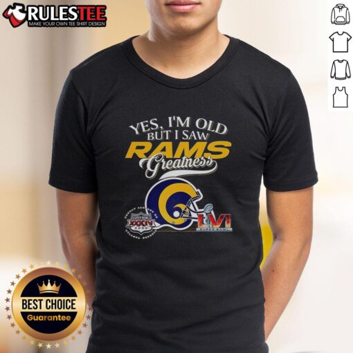 Alt Text: Los Angeles Rams Super Bowl helmet skyline graphic on a T-shirt, celebrating vintage NFL greatness and fan pride.