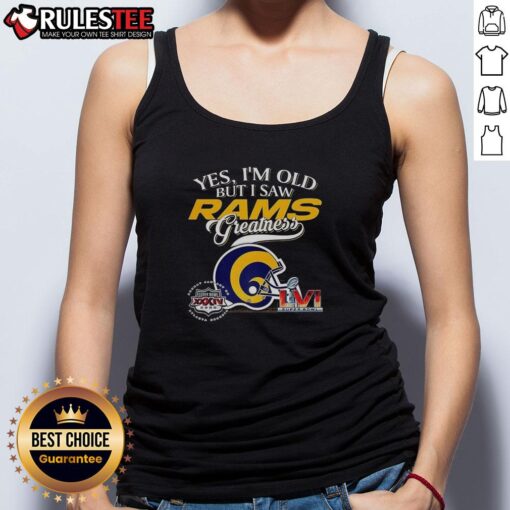 Vintage tank top featuring Los Angeles Rams Super Bowl helmet and skyline, celebrating NFL greatness for fans of all ages.