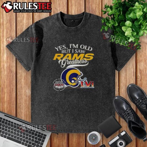Vintage Los Angeles Rams Super Bowl helmet graphic on a washed t-shirt with city skyline, perfect for fans and collectors.