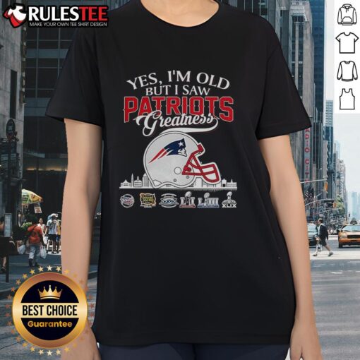 Womens tee featuring New England Patriots Super Bowl helmet and skyline, perfect for fans celebrating team greatness.