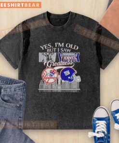 Vintage washed t-shirt featuring New York Yankees and Giants skyline, perfect for fans celebrating their greatness.