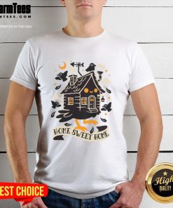 Alt Text: Cute Baba Yaga Sweet Home T-Shirt featuring a whimsical design of Baba Yaga's hut and magical elements.