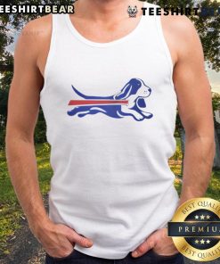 Alt Text: Cute Bassett Hound parody logo on a Buffalo Bills football tank top, perfect for dog lovers and sports fans.