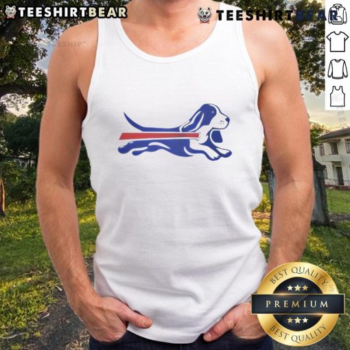 Alt Text: Cute Bassett Hound parody logo on a Buffalo Bills football tank top, perfect for dog lovers and sports fans.