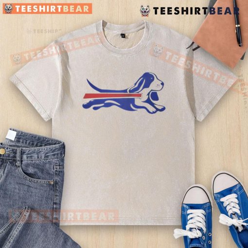 Alt Text: Cute Bassett Hound parody logo on a washed t-shirt, perfect for Buffalo Bills fans who love dogs and football.