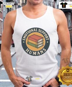 Adorable tank top featuring 'Cute Books Emotional Support Humans' graphic, perfect for book lovers and cozy vibes.