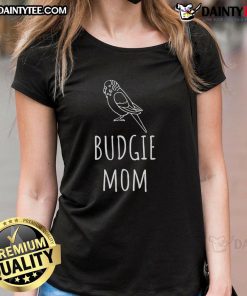 Adorable budgie mom parakeet graphic on a ladies tee, perfect for bird lovers and pet enthusiasts.