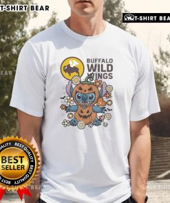 Alt Text: Cute Buffalo Wild Wings Stitch pumpkin costume Halloween T-shirt featuring vibrant colors and fun design for festive wear.