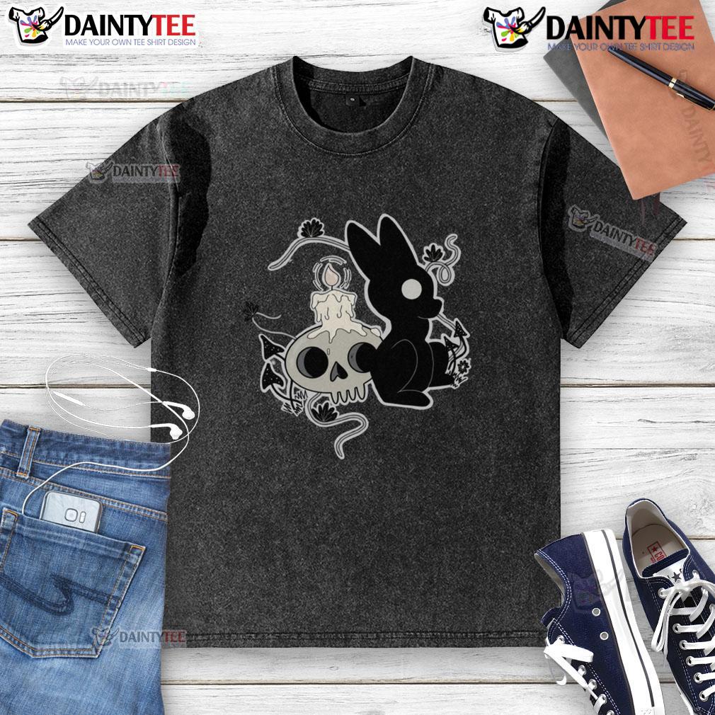 Cute Bunny Halloween Candle Skull Washed T Shirt Alt Text: Cute bunny Halloween candle skull design on a washed t-shirt, perfect for festive fall fashion.