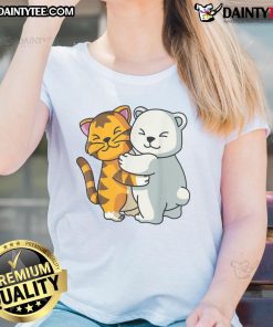 Alt Text: Adorable cartoon of a cute cat and bear hugging, perfect for a ladies tee celebrating animal friendship.
