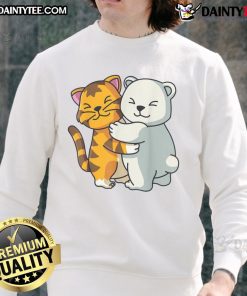 Adorable cartoon sweatshirt featuring a cute cat and bear hugging, showcasing animal friendship in a charming design.