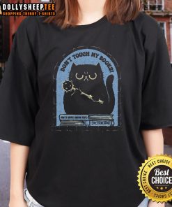 Cute cat graphic on a 'Don't Touch My Books' ladies tee, perfect for book lovers and cat enthusiasts.