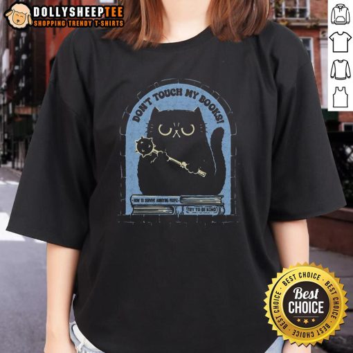 Cute cat graphic on a 'Don't Touch My Books' ladies tee, perfect for book lovers and cat enthusiasts.
