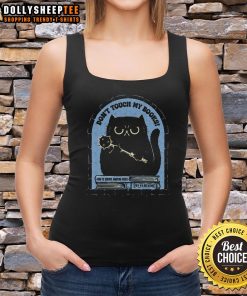 Cute cat on a tank top with 'Don't Touch My Books' slogan, perfect for book lovers and cat enthusiasts.