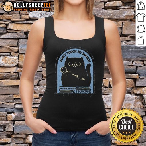 Cute cat on a tank top with 'Don't Touch My Books' slogan, perfect for book lovers and cat enthusiasts.
