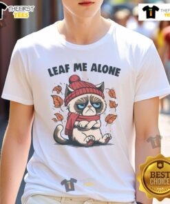 Cute cat graphic on a Leaf Me Alone This Fall t-shirt, perfect for autumn lovers and feline enthusiasts.