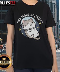Alt Text: Cute cat napping in zero-gravity mode on a cozy ladies tee, perfect for cat lovers and comfy style.