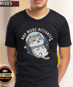 Adorable cat sleeping in zero-gravity mode on a comfy t-shirt, perfect for cat lovers: 'Cute Cat Nap Mode Activated' design.