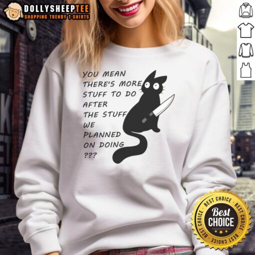 Cute cat wearing a sweatshirt that says You Meant There's More Stuff To Do After The Stuff We Planned On Doing.
