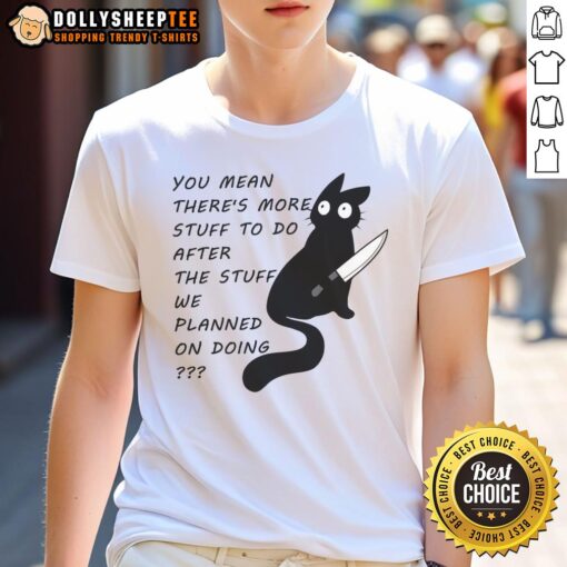 Cute cat graphic on a t-shirt with the phrase There's More Stuff To Do After The Stuff We Planned On Doing.