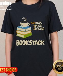 Alt Text: Cute coffee bookstack featuring '365 Days of Peace' with a stylish ladies tee, perfect for book lovers and cozy reading vibes.