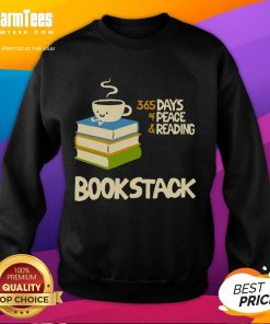 Alt Text: Cozy Cute Coffee Bookstack sweatshirt featuring 365 Days of Peace and Reading for book lovers and coffee enthusiasts.