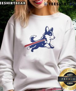 Alt Text: Cute Corgi Buffalo Bills football parody logo sweatshirt featuring a playful corgi in team colors.