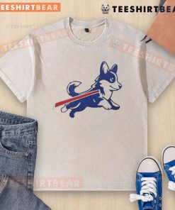 Cute Corgi Buffalo Bills football parody logo on a washed t-shirt, perfect for sports fans and dog lovers.