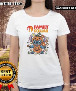 Alt Text: Cute family wearing dollar stitch pumpkin costume Halloween ladies tee, showcasing fun and festive holiday spirit.