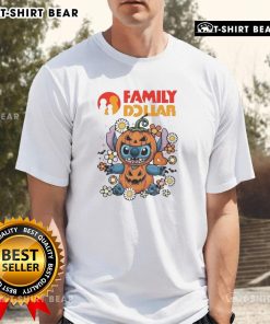 Alt Text: Cute family wearing Dollar Stitch pumpkin costume Halloween t-shirt, perfect for festive celebrations and trick-or-treating.
