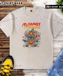 Alt Text: Cute family wearing Dollar Stitch pumpkin costume for Halloween, showcasing a fun washed t-shirt design.