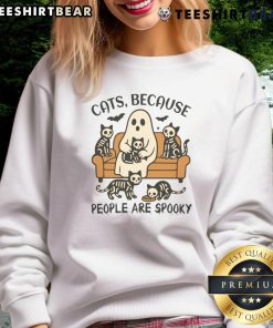 Cute ghost cats design on a spooky sweatshirt, perfect for Halloween lovers and cat enthusiasts.