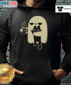 Cute ghost holding a cat wearing a cozy hoodie, perfect for Halloween and pet lovers.