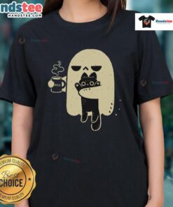 Cute ghost holding a cat on a ladies tee, perfect for Halloween and cat lovers. Fun and stylish graphic tee.