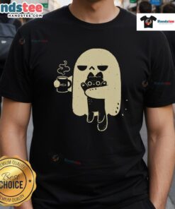 Cute ghost holding a cat on a whimsical t-shirt design, perfect for Halloween and cat lovers.
