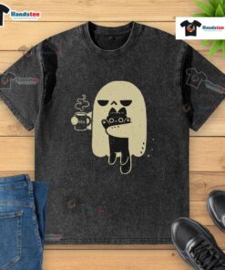 Alt Text: Cute ghost holding a cat on a washed t-shirt, perfect for Halloween and pet lovers. Fun and whimsical design!