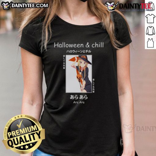 Alt Text: Cute Halloween anime witch design on a ladies tee, featuring Ara Ara Senpai text for a fun, festive look.