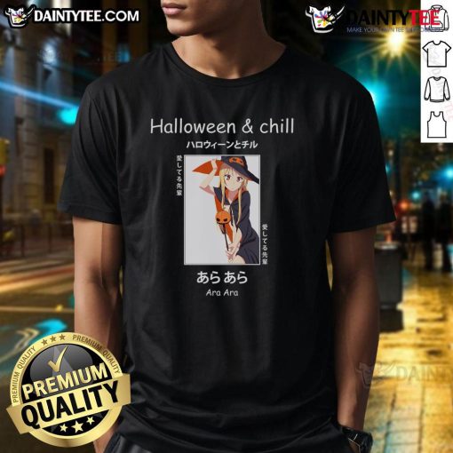 Alt Text: Cute Halloween Anime Witch Ara Ara Senpai T-Shirt featuring a whimsical design perfect for Halloween festivities.