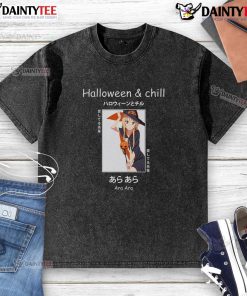 Alt Text: Cute Halloween anime witch wearing an Ara Ara Senpai washed t-shirt, perfect for festive celebrations and cosplay.