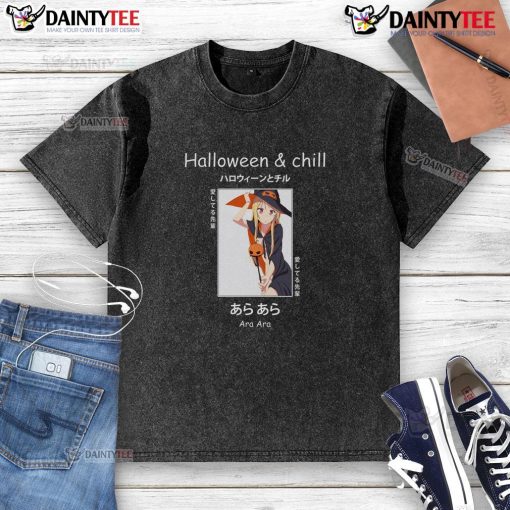 Alt Text: Cute Halloween anime witch wearing an Ara Ara Senpai washed t-shirt, perfect for festive celebrations and cosplay.