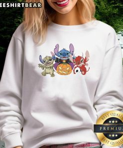 Alt Text: Cute Halloween Stitch characters including a pumpkin, mummy, vampire, and devil on a cozy sweatshirt design.