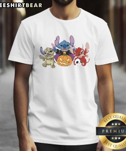Alt Text: Cute Halloween Stitch characters as a pumpkin, mummy, vampire, and devil on a fun t-shirt design for festive celebrations.
