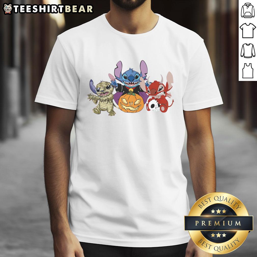 Cute Halloween Stitch Characters Pumpkin Mummy Vampire Devil T Shirt Alt Text: Cute Halloween Stitch characters as a pumpkin, mummy, vampire, and devil on a fun t-shirt design for festive celebrations.