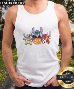Alt Text: Cute Halloween tank top featuring Stitch characters as a pumpkin, mummy, vampire, and devil for festive style.