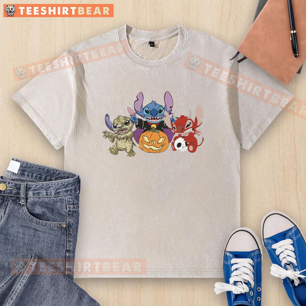 Cute Halloween Stitch Characters Pumpkin Mummy Vampire Devil Washed T Shirt Alt Text: Cute Halloween Stitch characters on a washed t-shirt featuring a pumpkin, mummy, vampire, and devil design.