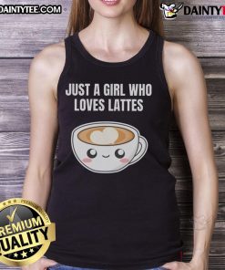 Cute girl wearing a 'Just A Girl Who Loves Lattes' tank top, enjoying coffee at a cafe, showcasing her love for caffeine.