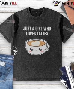 Cute washed t-shirt featuring 'Just a girl who loves lattes' text, perfect for cafe lovers and caffeine enthusiasts.